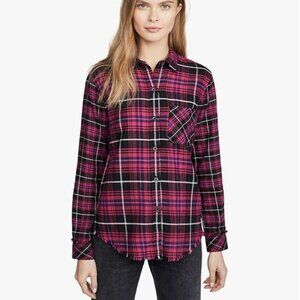 Rails Brock Shirt Plaid Flannel Size M Raw Hem Fuchsia Navy Cozy Button Down